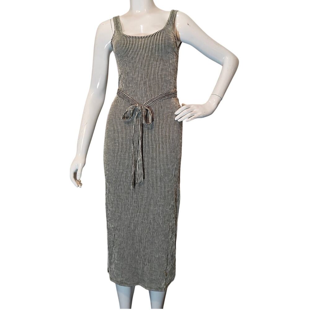 Lulus Striped Midi Dress Olive Cream Tie Waist Bodycon Stretch S